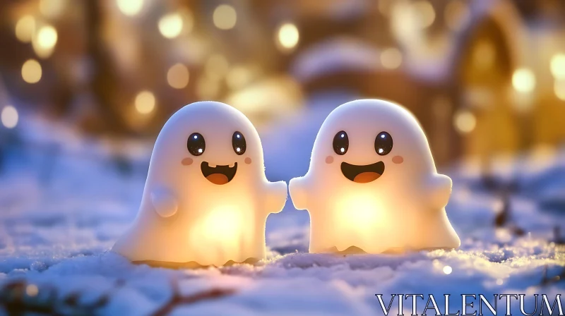 Cute Ghost Figures Illuminating a Snowy Night AI Image