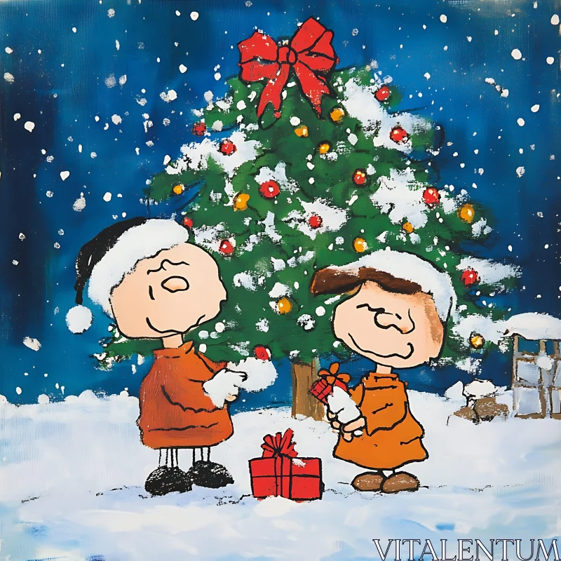 Cartoon Characters in a Snowy Christmas Setting AI Image