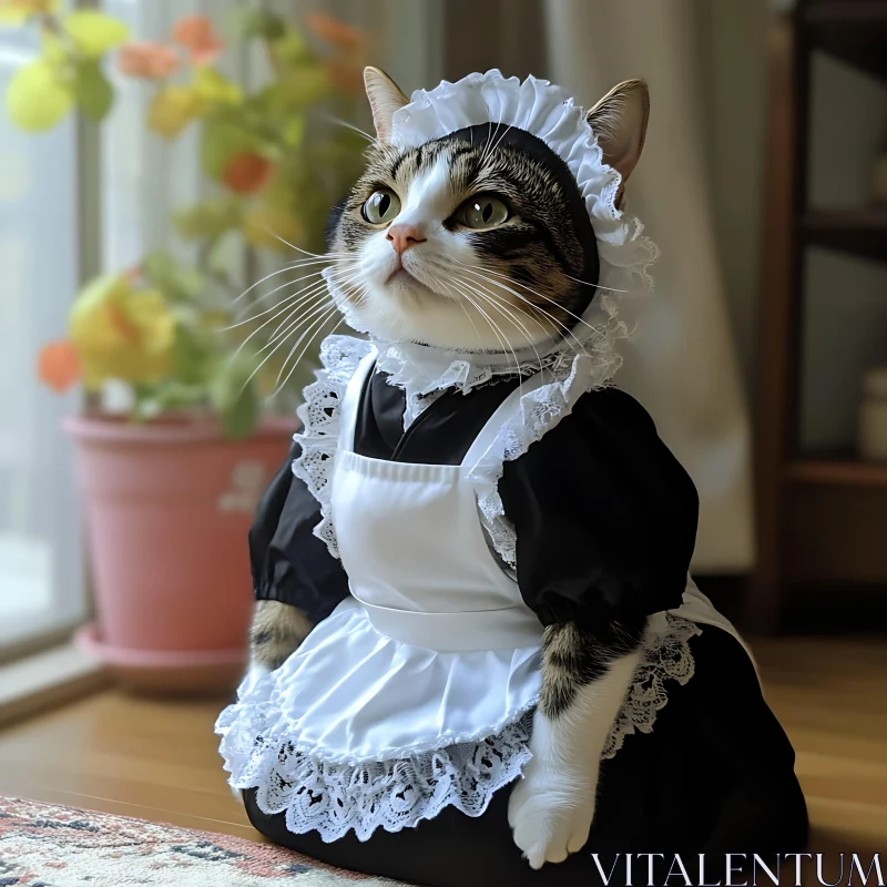 Adorable Cat in Maid Outfit AI Image