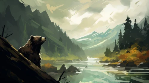Brown Bear Contemplating by River - Tranquil Artistic Illustration