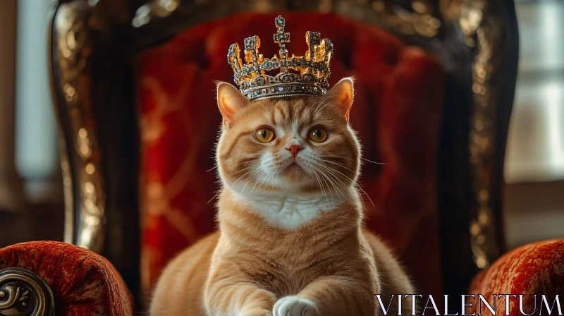 Royal Cat Portrait on Red Velvet Throne AI Image