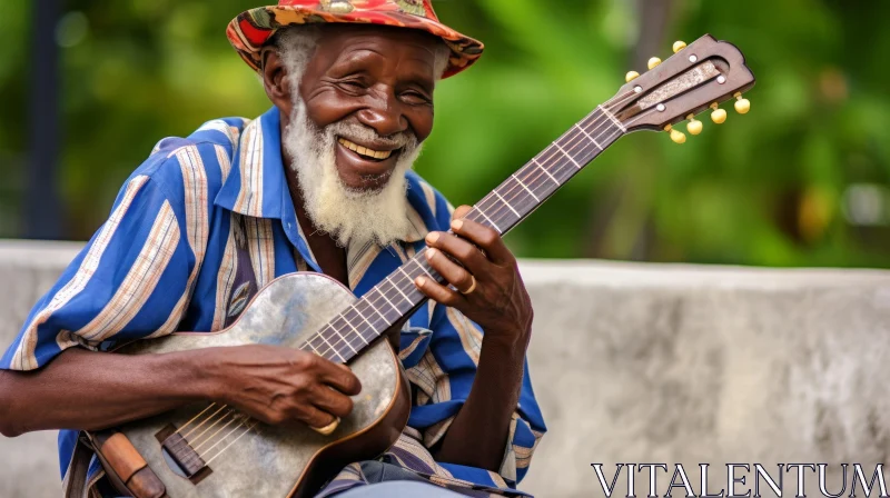 Captivating Image of an Old Man Playing Guitar in Traditional Arts Style AI Image