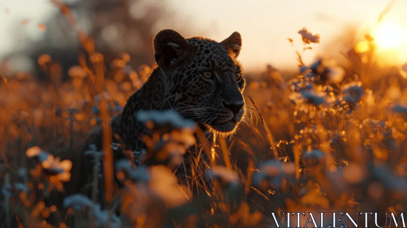 Close-Up Leopard in Field of Grass at Sunset AI Image