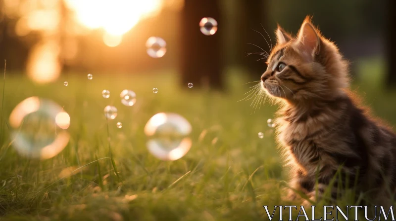 Curious Kitten and Rainbow Bubbles in Green Field AI Image