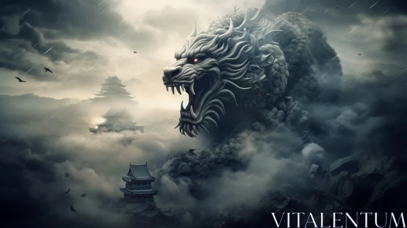 Dark Fantasy Dragon Illustration Over Ruined Temple AI Image