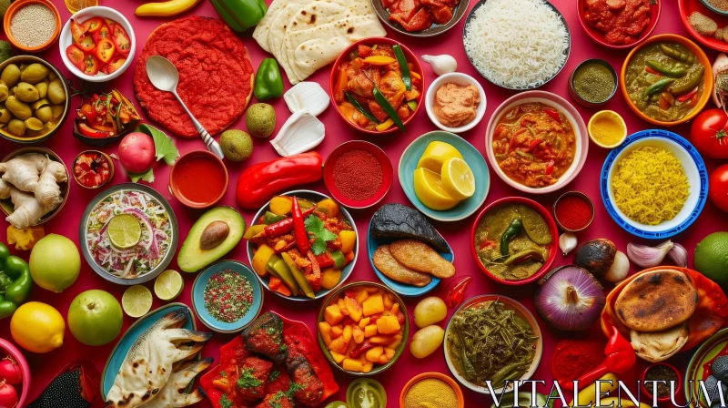 Delicious Indian Food and Ingredients on a Red Background AI Image