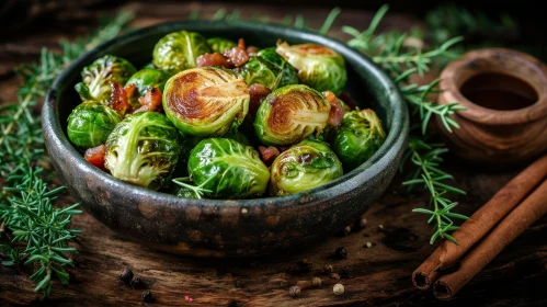Delicious Roasted Brussels Sprouts with Crispy Bacon - Close-up Food Photography
