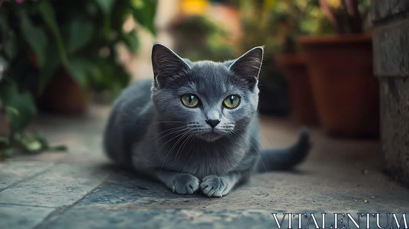 Resting Gray Cat with Green Eyes AI Image