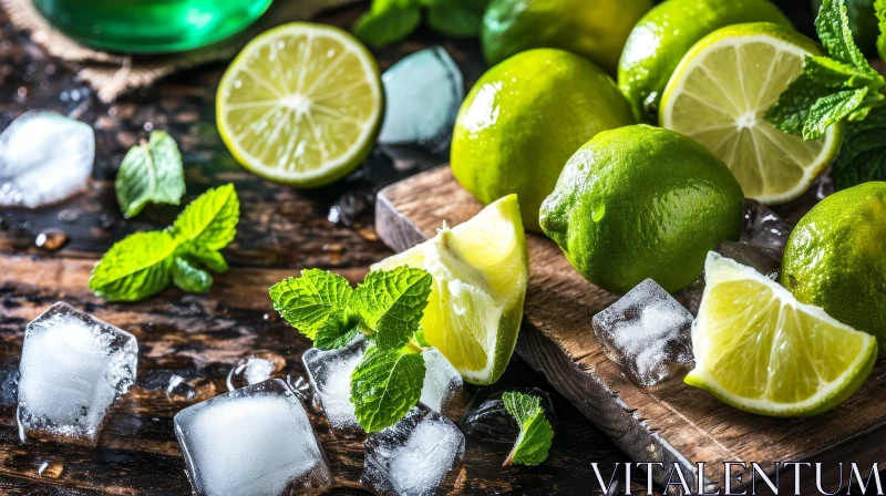 Fresh Green Limes with Mint and Ice Cubes: A Refreshing Summer Drink AI Image