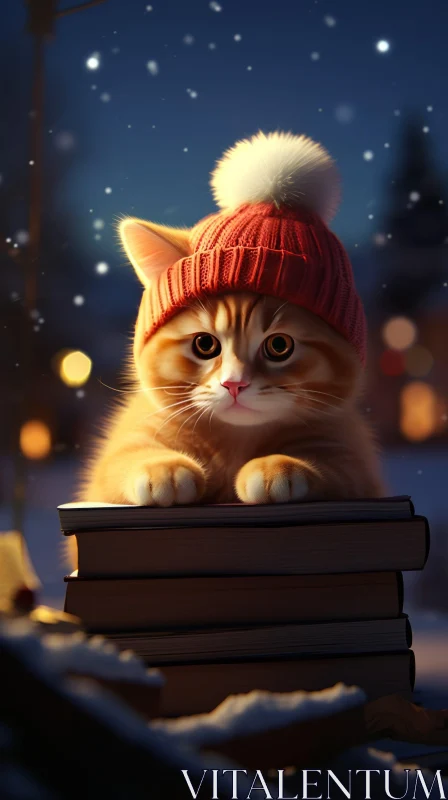 Ginger Cat in Beanie on Books with Cityscape Background AI Image