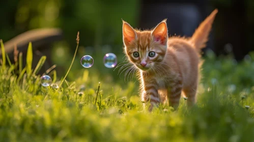 Majestic Orange Kitten on Green Grass Field with Soap Bubbles