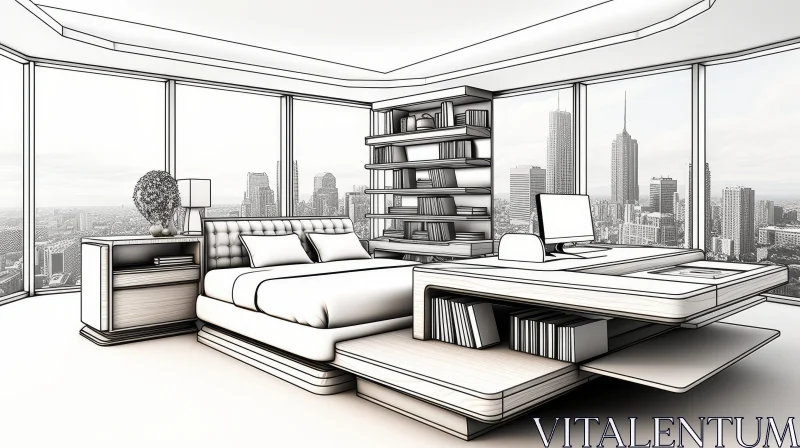 Modern Bedroom Sketch with City Skyline AI Image