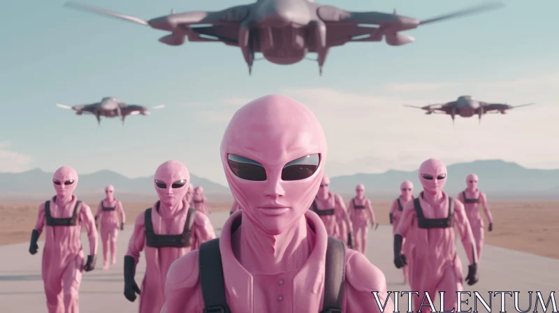 Pink Aliens in Military Uniform Marching in Desert AI Image
