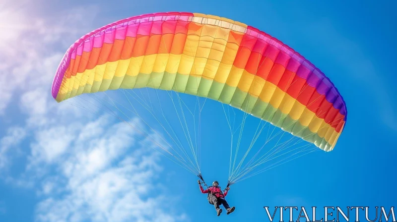 Rainbow Paraglider Soaring in Blue Sky AI Image