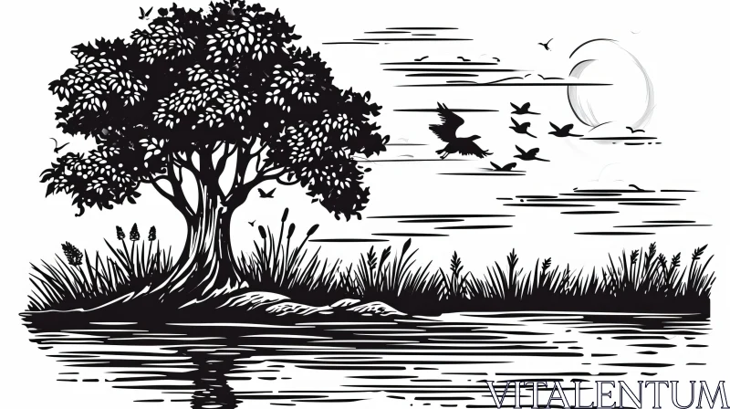 Serene Black and White Drawing of a Lake with a Majestic Tree AI Image