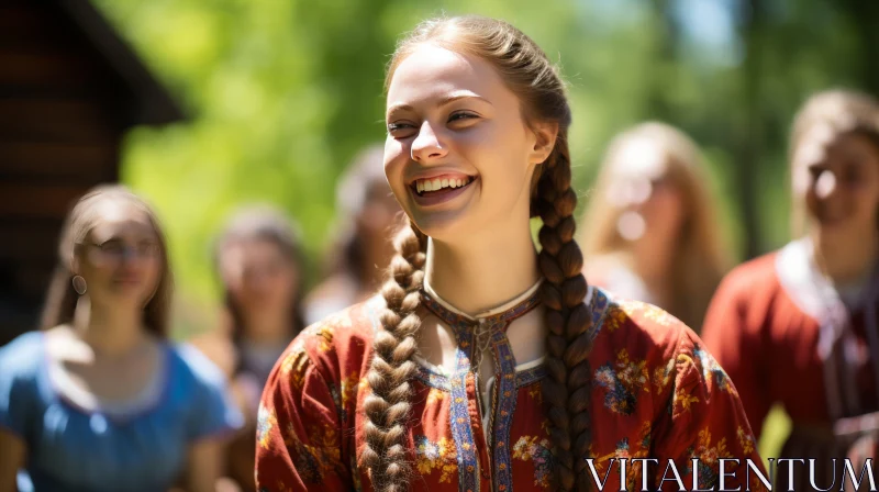 Smiling Woman in Historical Setting with Braids AI Image