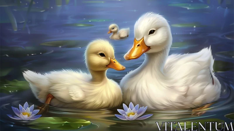 AI ART Tranquil Ducks and Duckling in a Serene Pond