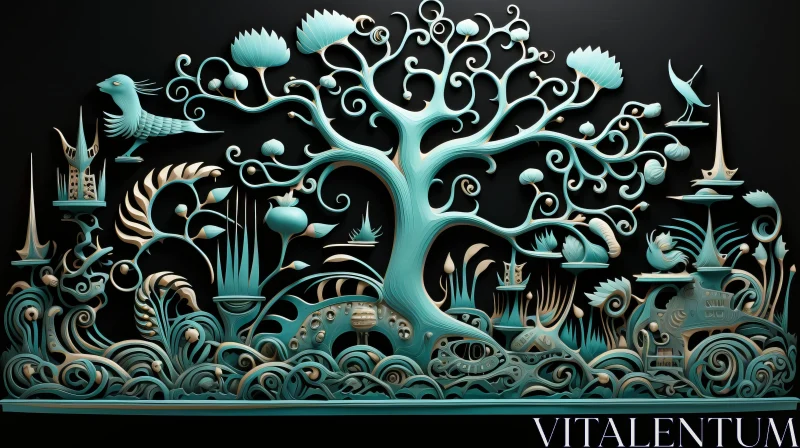 Whimsical Cyan and Black Tree Sculpture AI Image
