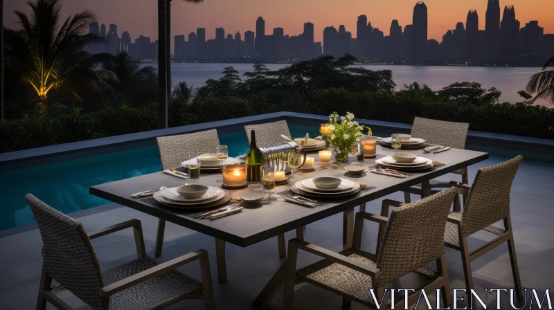 Whimsical Poolside Dining Table with Grandiose Skyline View AI Image