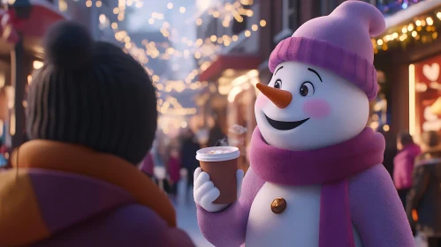 Joyful Snowman Enjoying Hot Drink in Winter Wonderland