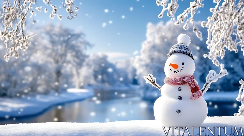 Joyful Snowman Amidst Snowy Scenery AI Image