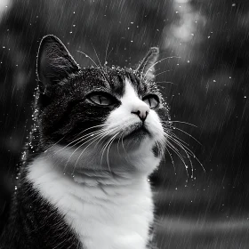 Reflective Cat in Monochrome Rain