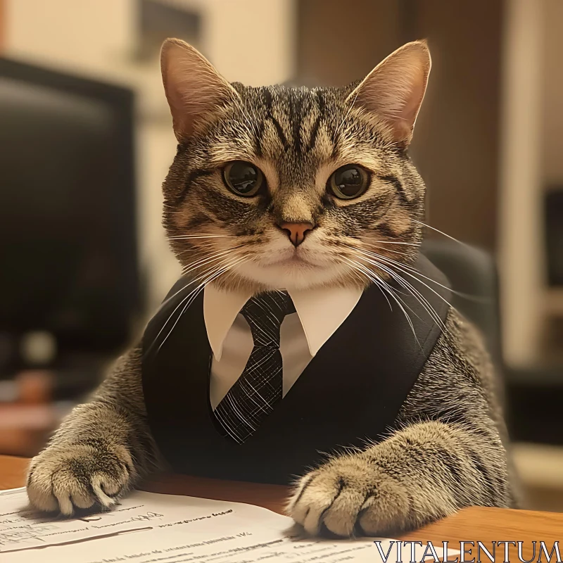 Cat in Business Attire at a Desk AI Image