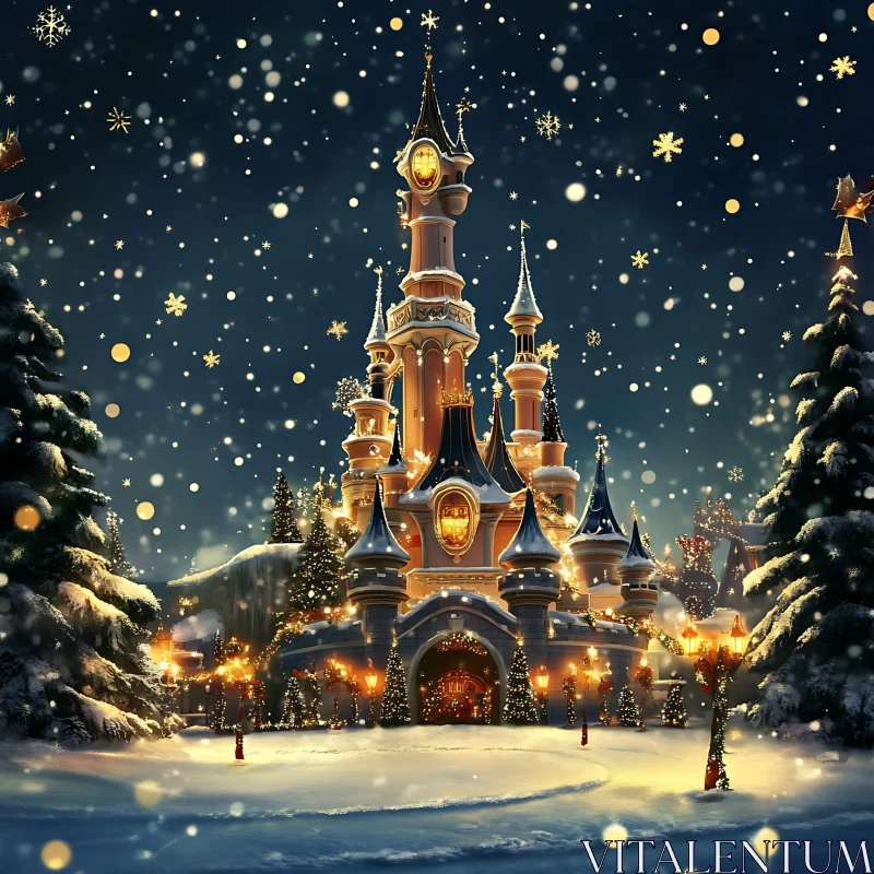 Illuminated Winter Castle Surrounded by Snow AI Image