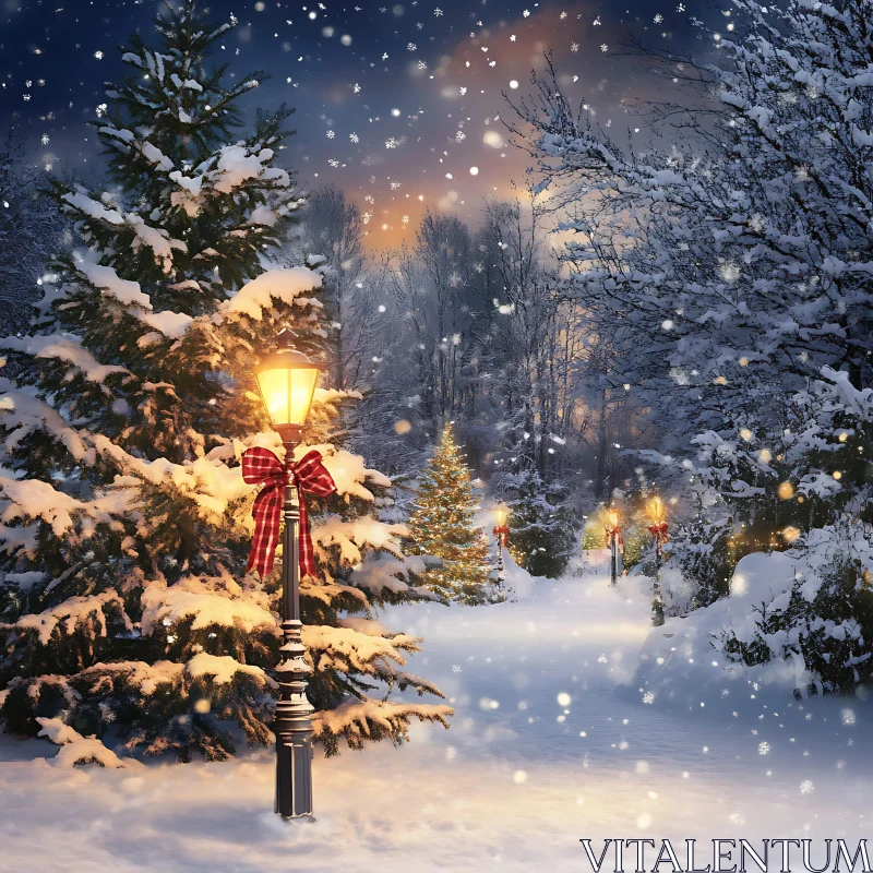 Peaceful Snowy Path with Holiday Lights AI Image