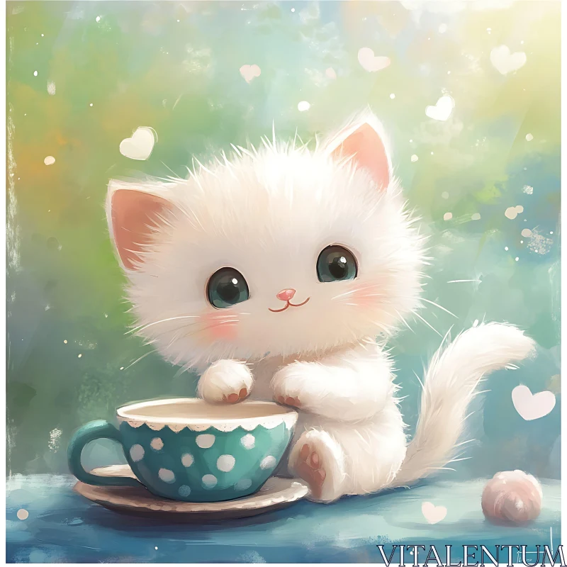 Cute Kitten with Polka-Dotted Teacup AI Image