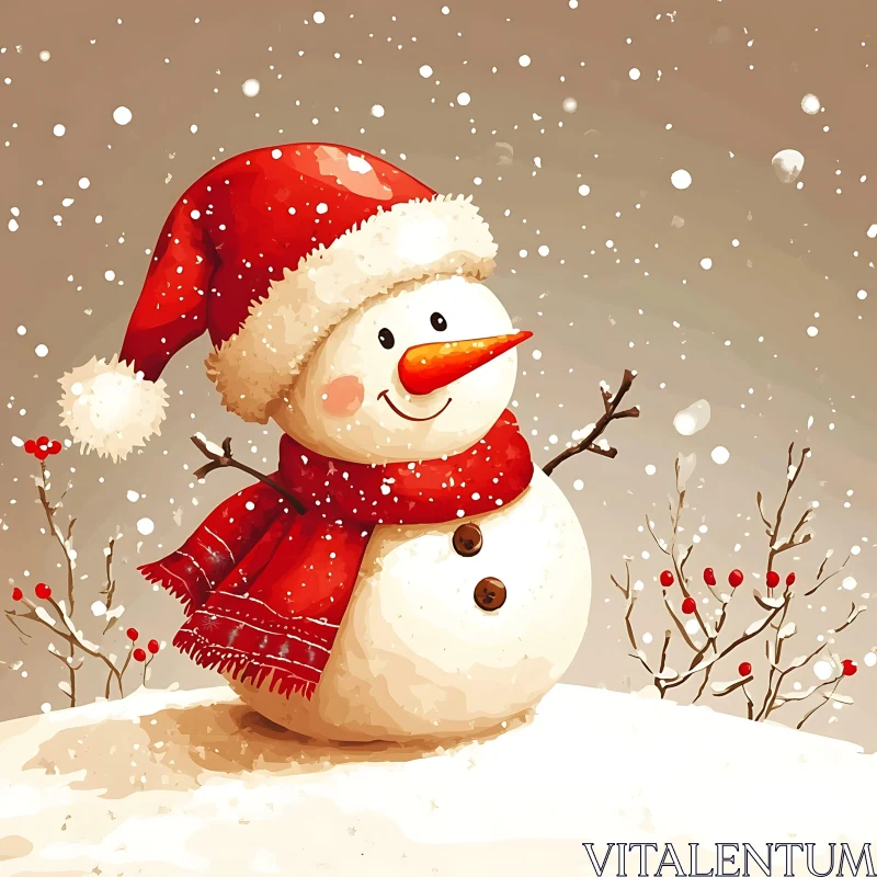 Festive Snowman with Red Hat and Scarf AI Image