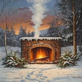 Snowy Landscape With Sunset and Fireplace