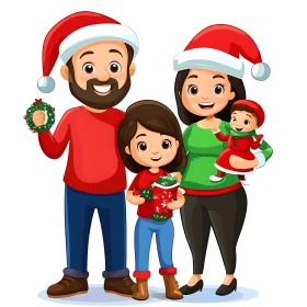 Festive Cartoon Family with Santa Hats and Gifts