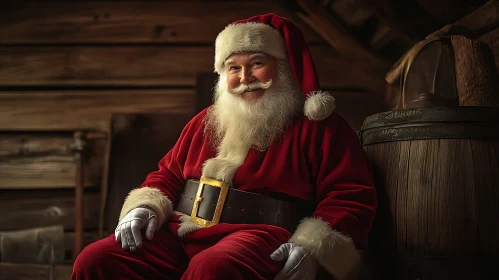 Jolly Santa in Rustic Cabin Setting