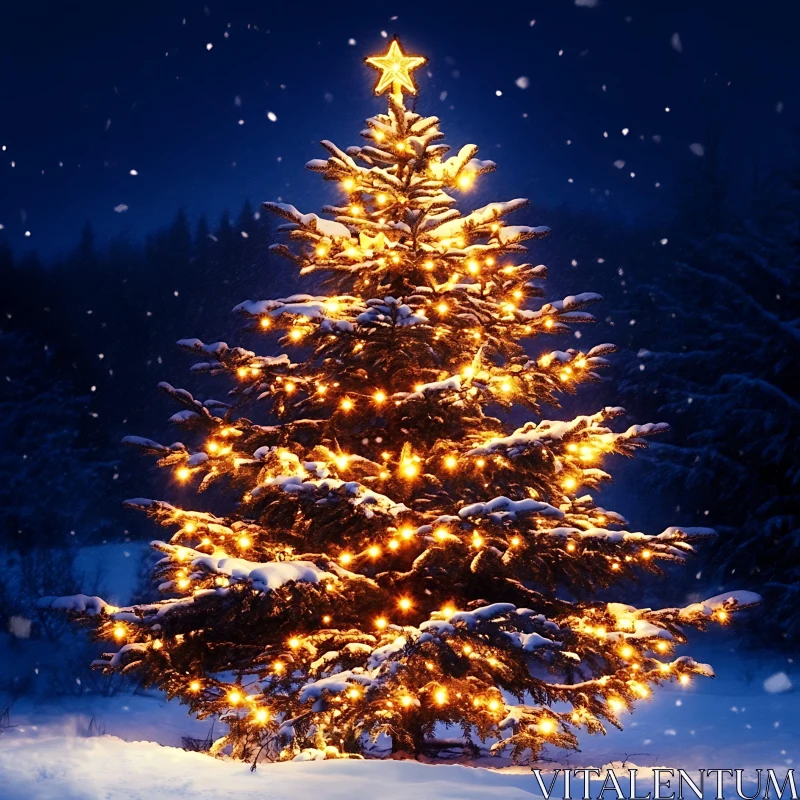 Golden Lit Christmas Tree in Winter AI Image