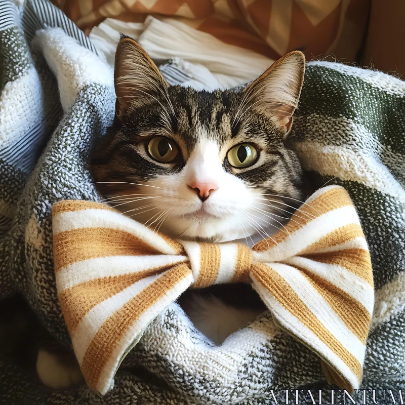 Charming Cat Wrapped in Blanket with Elegant Bowtie AI Image