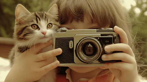 Adorable Child and Kitten with Retro Camera