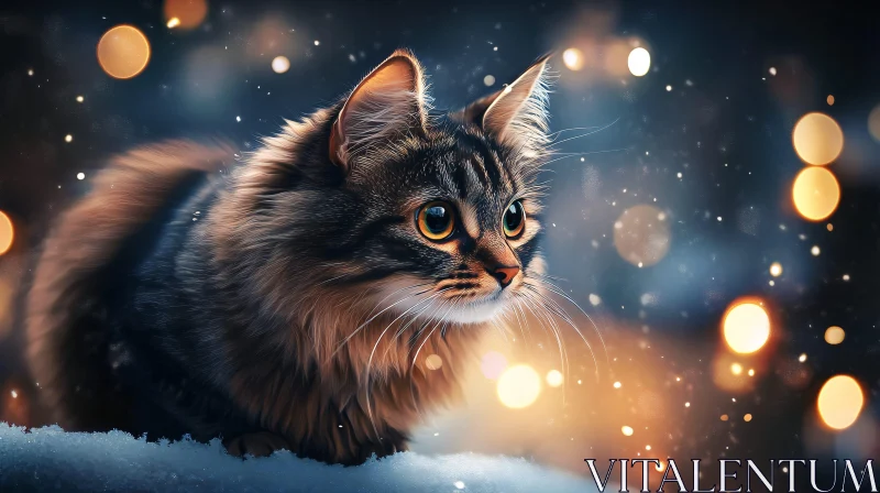 Cat Sitting in Snow with Bokeh Effects AI Image