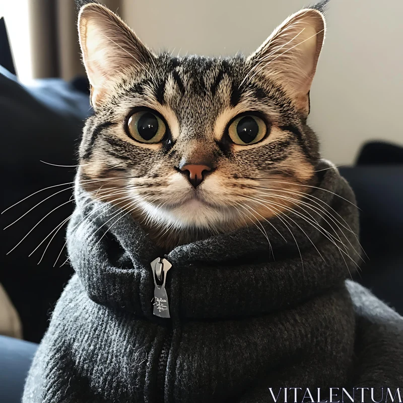 Cat in a Cozy Grey Hoodie AI Image