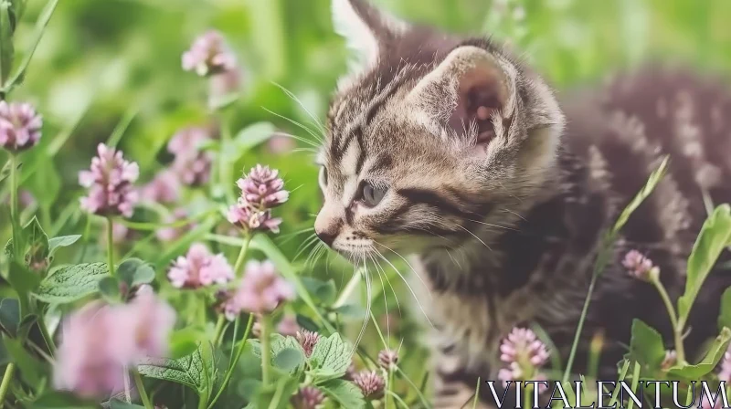 Adorable Tabby Kitten in a Field of Flowers AI Image
