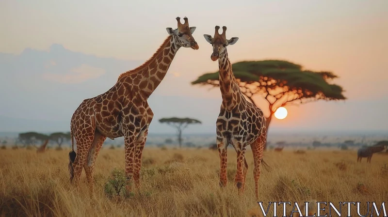 African Savanna Sunset with Giraffes - Serene Landscape AI Image