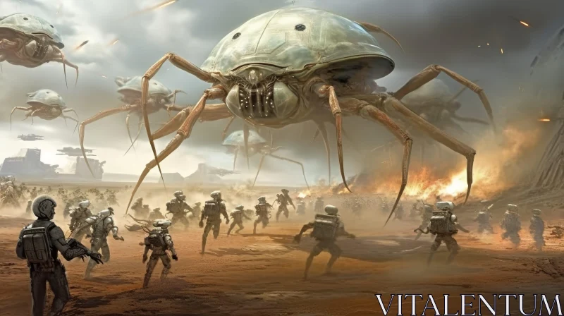 Battle with Giant Alien Creature in Desert AI Image