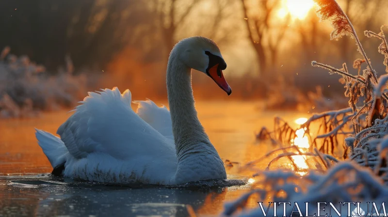 Beautiful Swan in Water at Sunrise - Serene Nature Image AI Image