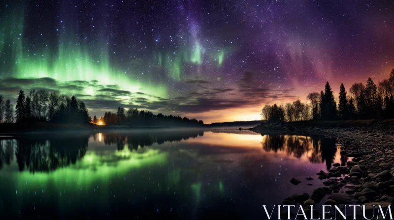 Captivating Aurora Borealis Over Lake - A Night Sky Panorama AI Image