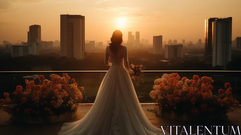 Cityscape Wedding: Bride Against Sunset-Infused Skies AI Image