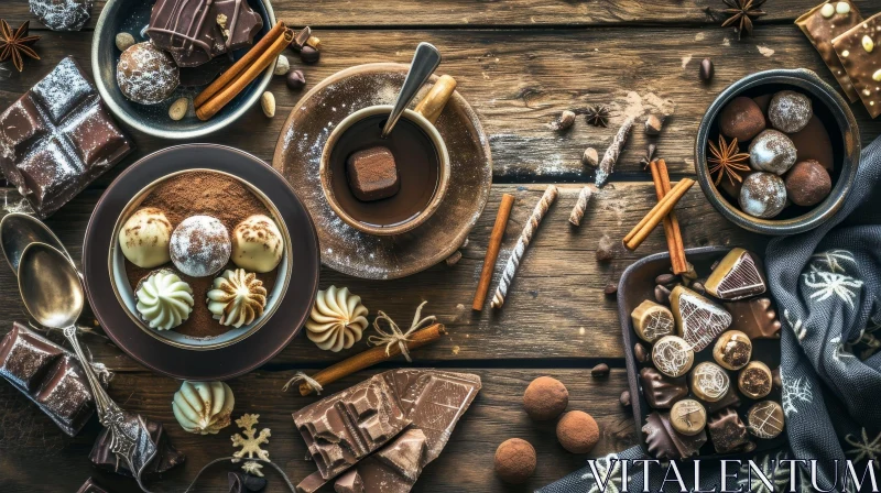 Delicious Chocolates and Cocoa on a Rustic Wooden Table AI Image