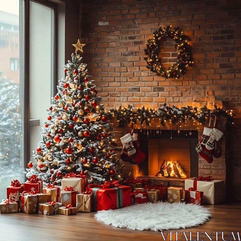 Cozy Christmas Setting with Decorated Tree and Fireplace AI Image