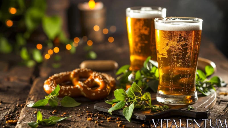 Inviting Beer and Pretzels on Wooden Table AI Image