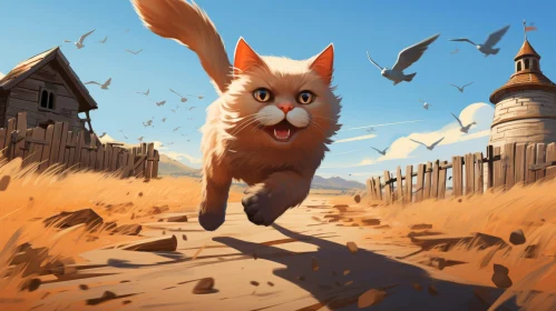 Playful Cartoon Cat Running in Field