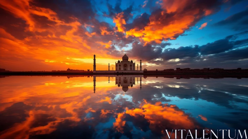 Taj Mahal at Sunset: A Melancholic Reflection in 8k Resolution AI Image